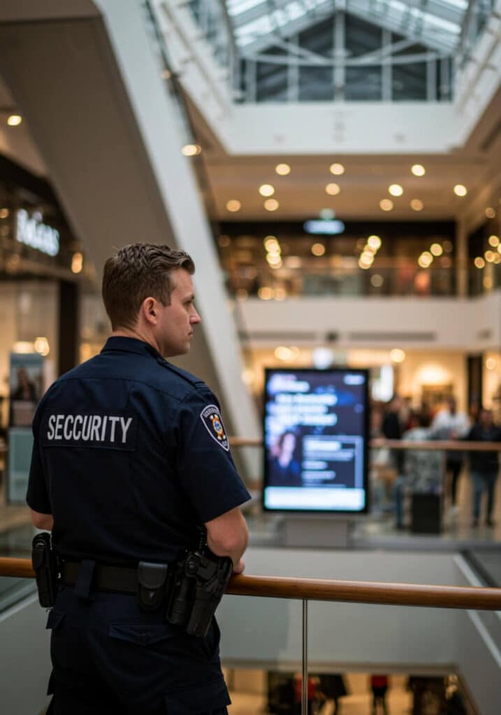 Mitarbeiter der VSD Victory Sicherheitsdienste GmbH im Objektschutz-Einsatz vor dem Hauptgebäude der Johann Wolfgang Goethe-Universität Frankfurt